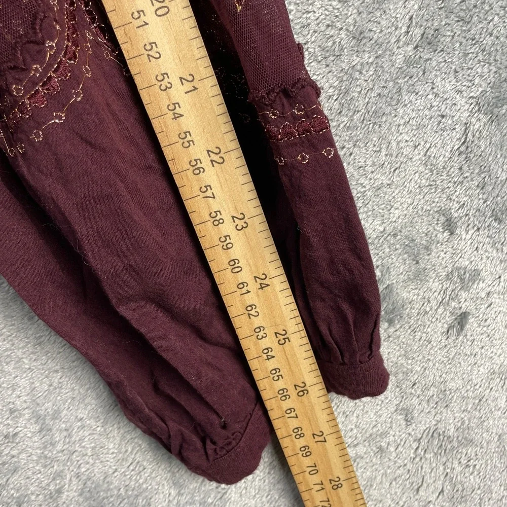 Free People Embroidered Penny Tee Floral Top XS Maroon Gold Metallic Fairy Boho‎